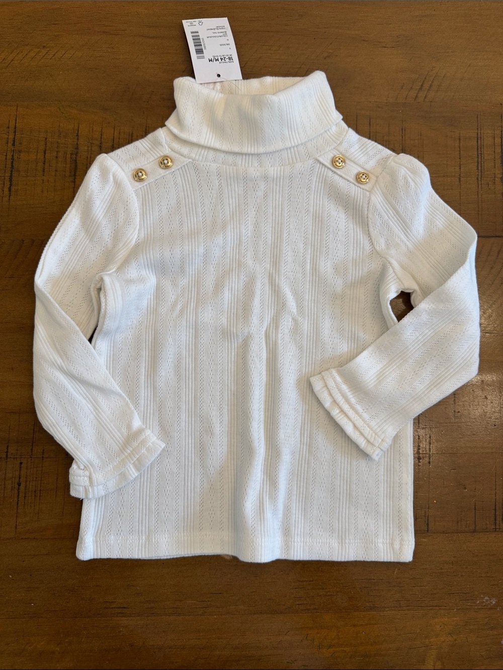 Toddler Girl White Turtleneck Sweater Top with Gold Button Detail